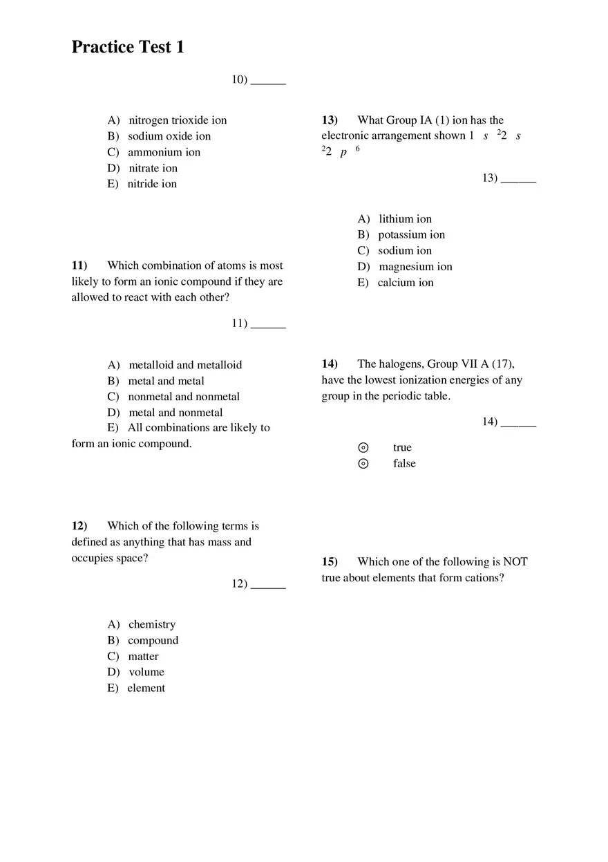 Introductory Chemistry Practice Test 1 With Answer Keys - Page 8