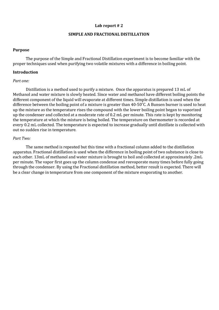 Distillation Laboratory Report - Page 1