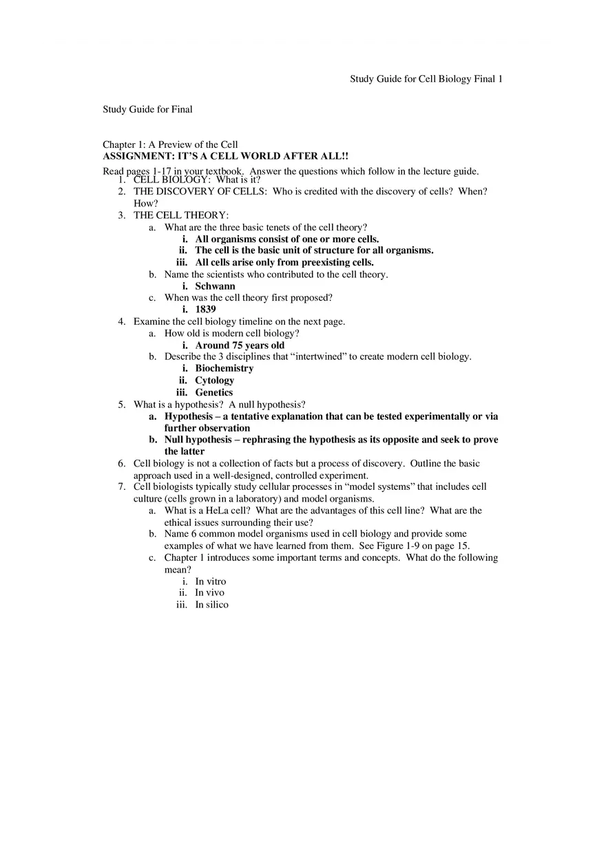 Study Guide for Cell Biology Final Part 1 - Page 1