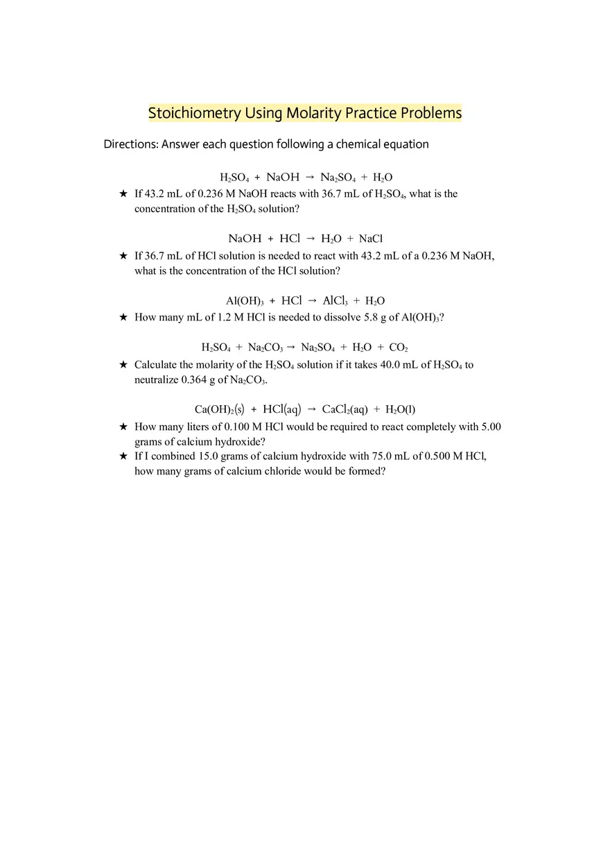 Stoichiometry Using Molarity Practice Problems - Page 1