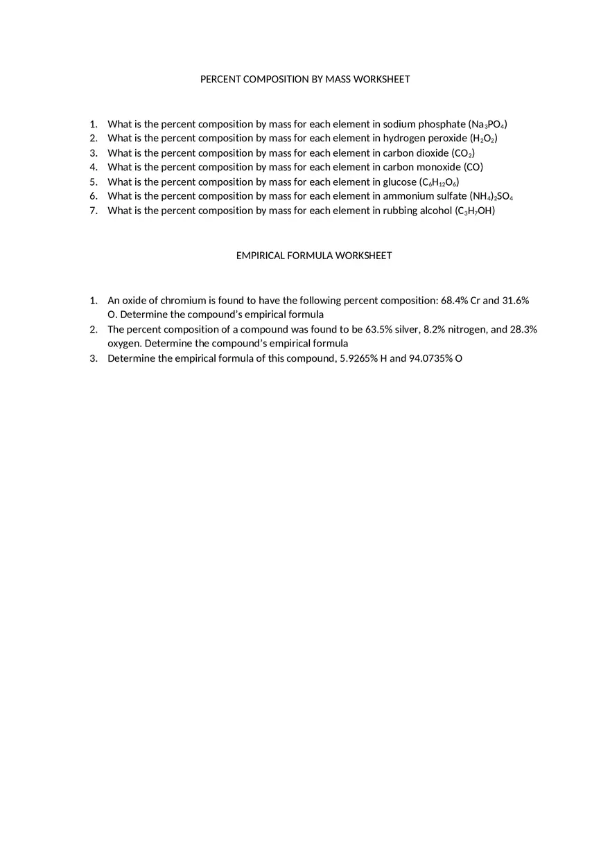 Percent Composition By Mass Worksheet - Page 1