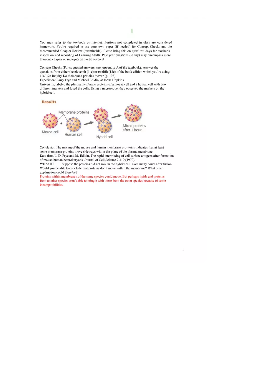 Membrane Structure and Transport Worksheet with Answers - Page 1