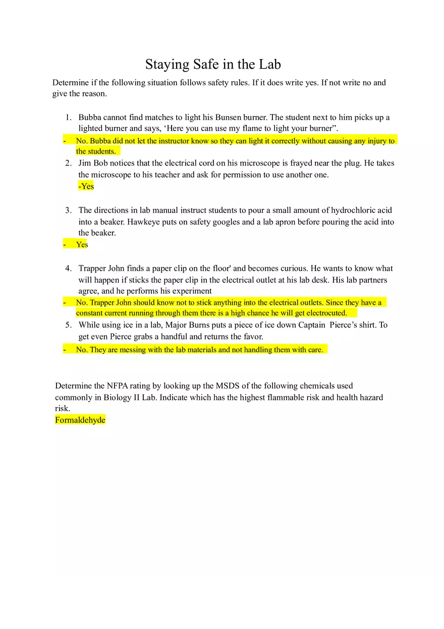 Staying Safe in the Lab Worksheet - Page 1