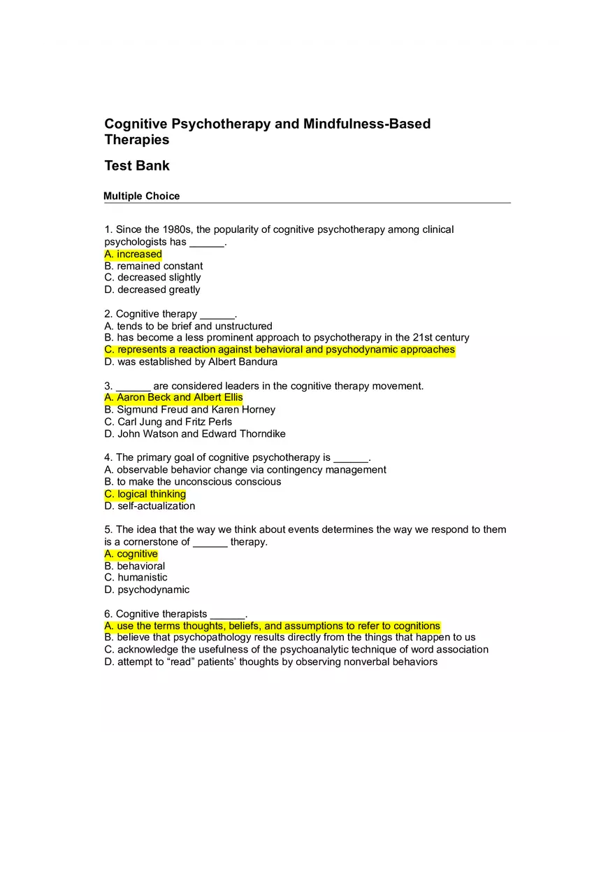 Cognitive Psychotherapy and Mindfulness-Based Therapies - Review Questions - Page 1