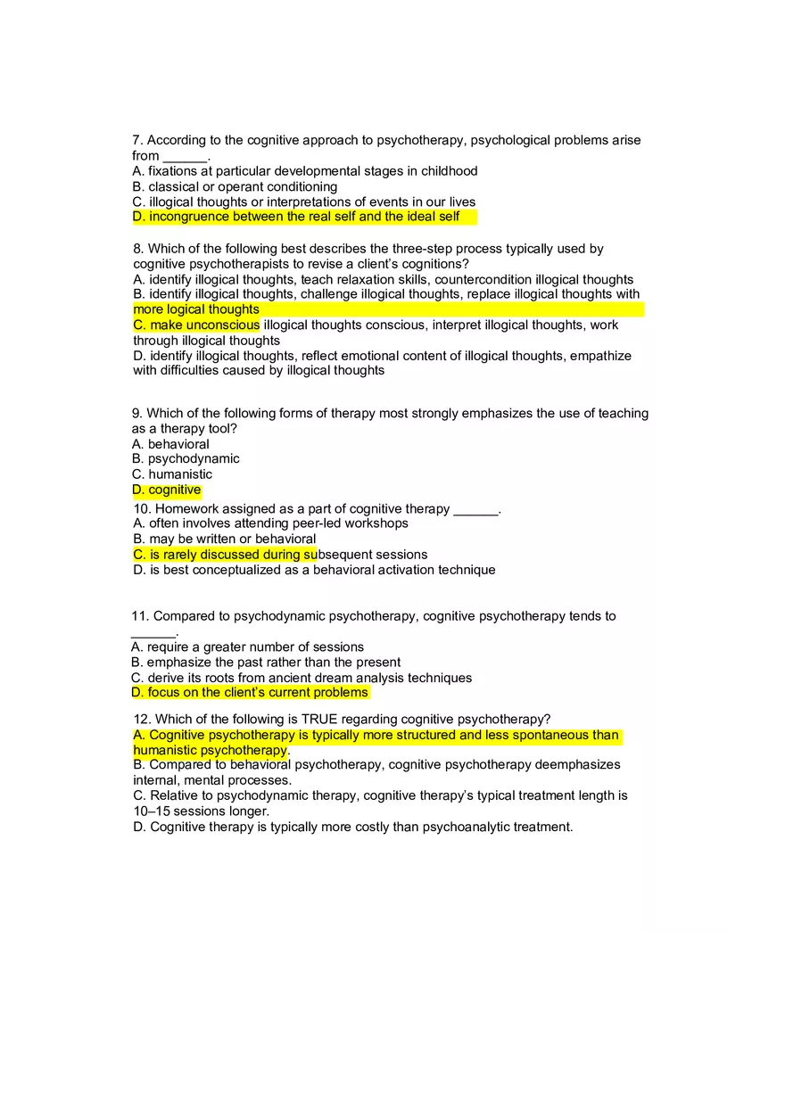 Cognitive Psychotherapy and Mindfulness-Based Therapies - Review Questions - Page 2
