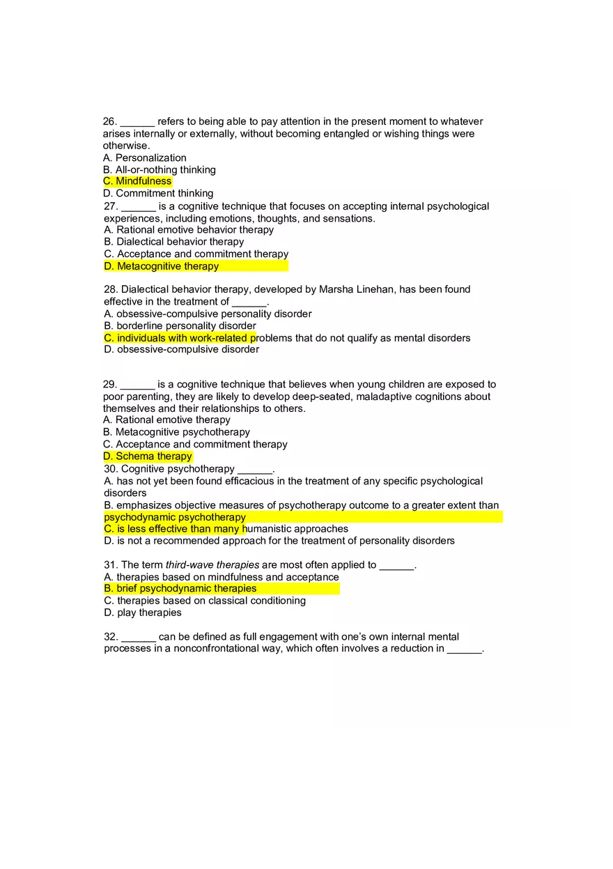 Cognitive Psychotherapy and Mindfulness-Based Therapies - Review Questions - Page 5