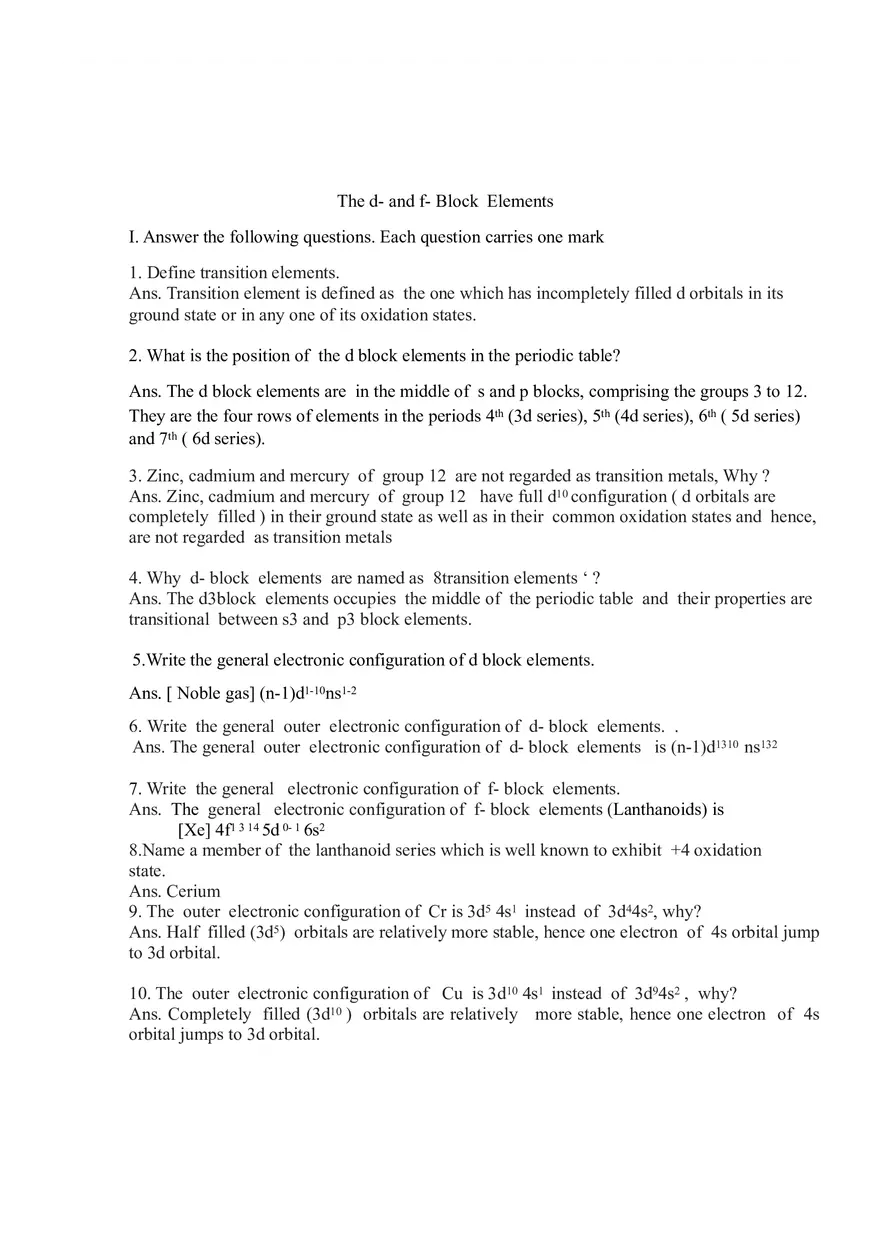 The d- and f- Block Elements Question Bank - Page 1
