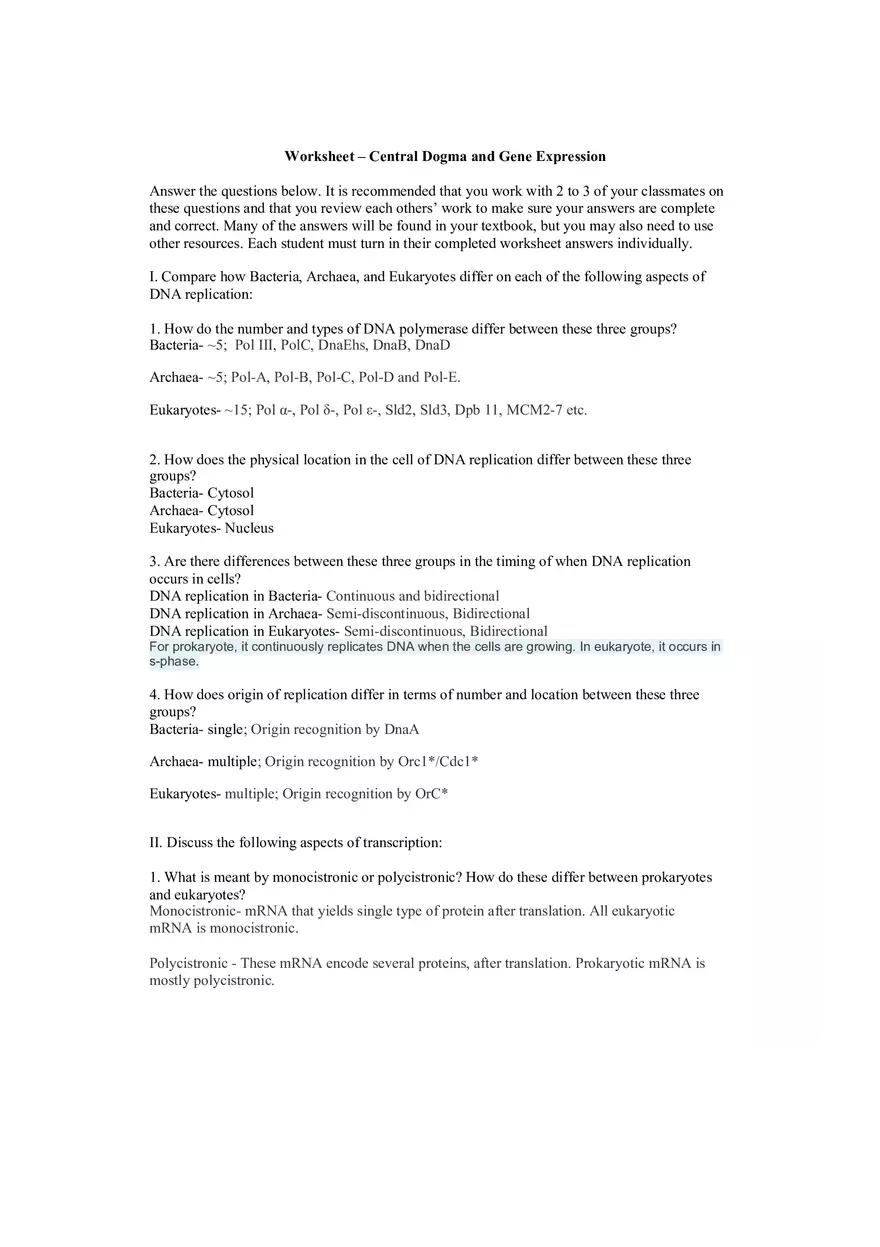 Central Dogma and Gene Expression Worksheet - Page 1