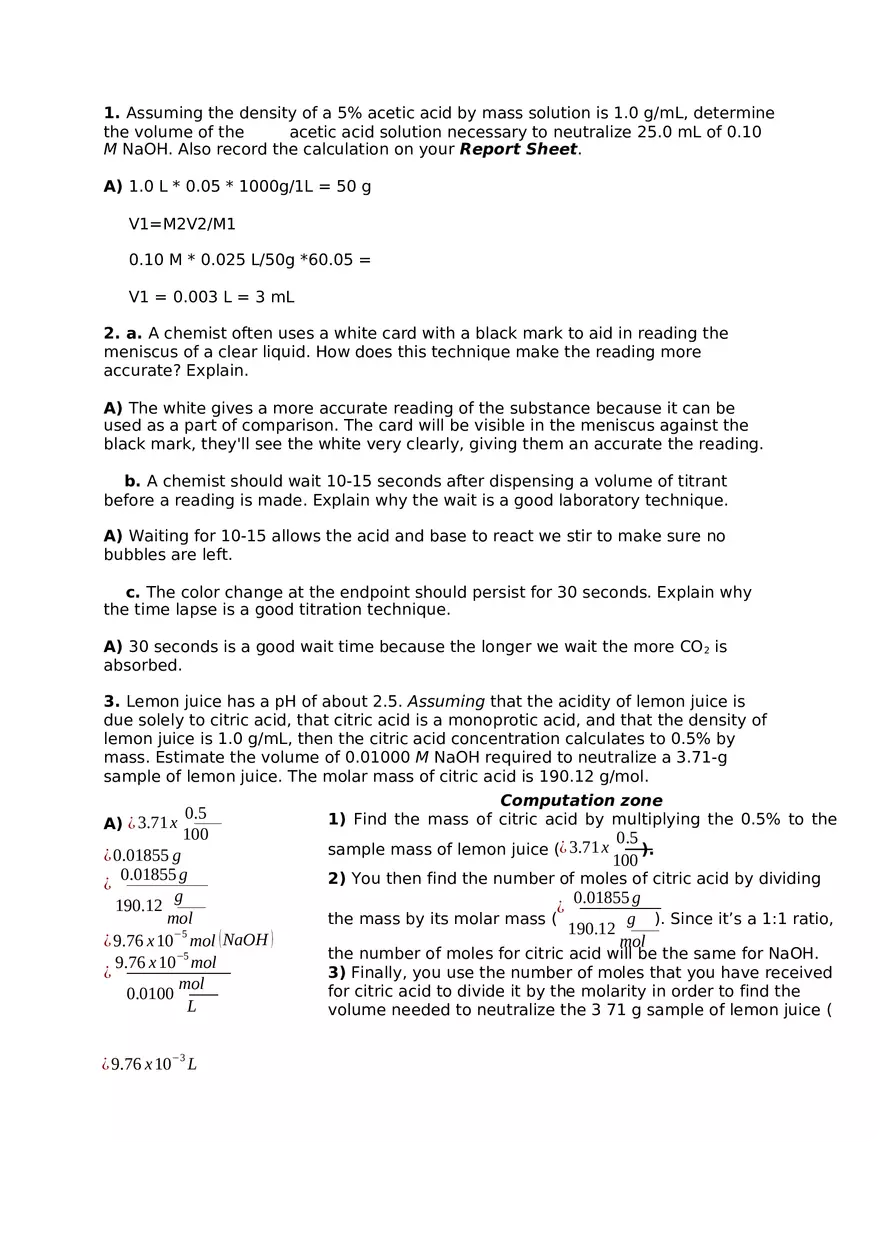 Acetic Acid Pre-lab Assignment - Page 1