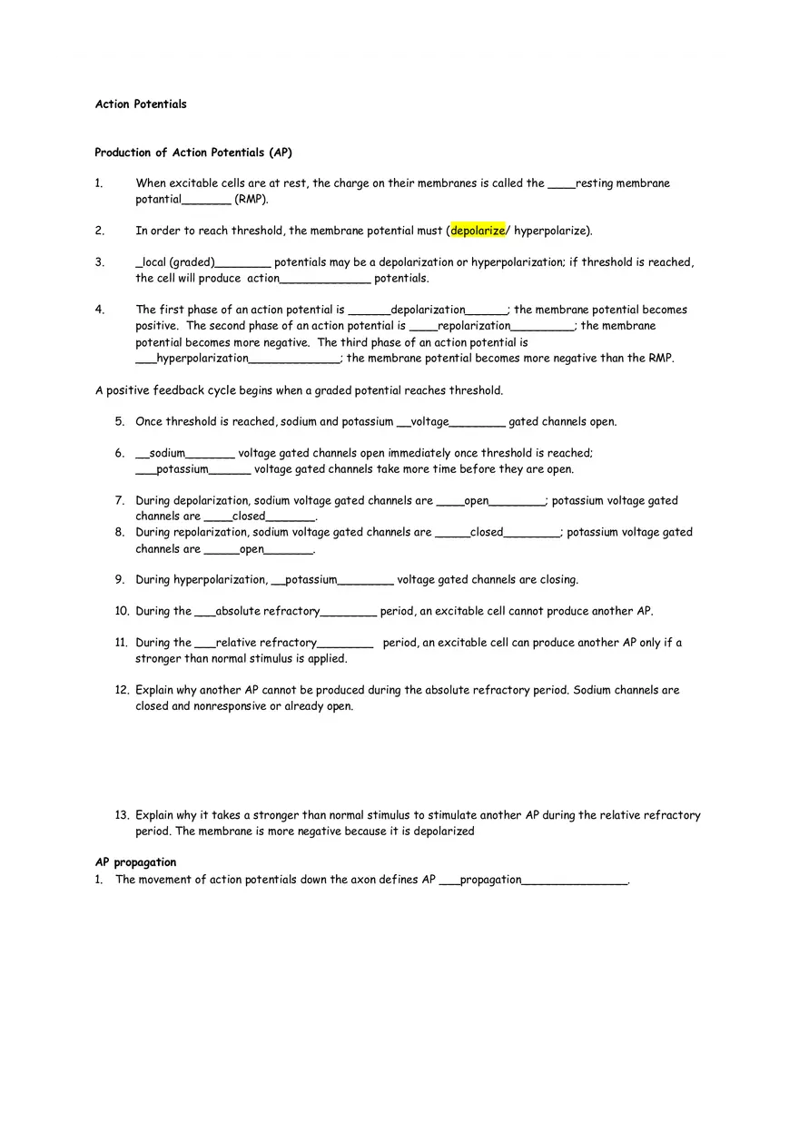Production of Action Potentials Worksheet - Page 1