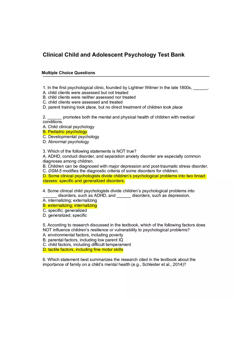 Review Questions Clinical Child and Adolescent Psychology - Page 1