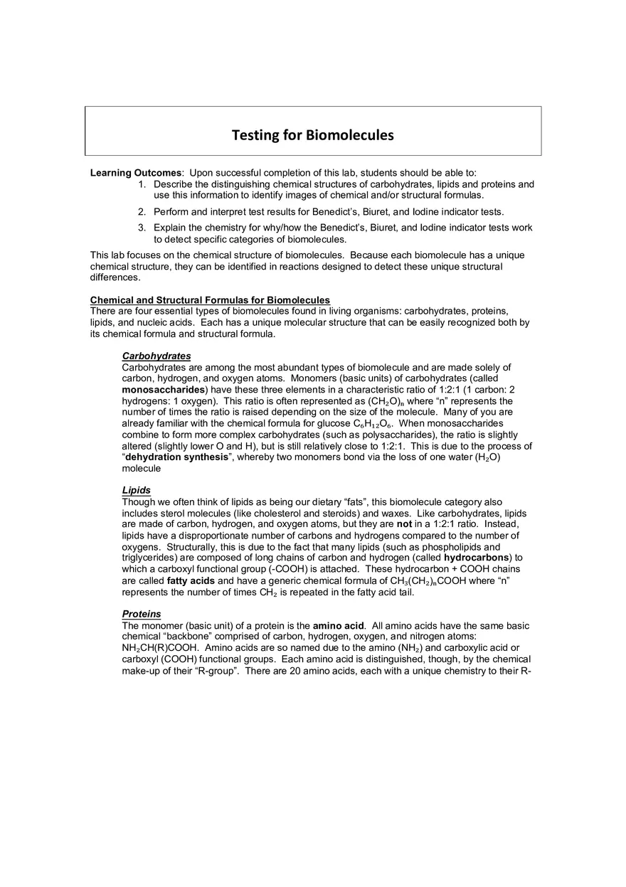 Lab 3 Testing for Biomolecules - Page 1