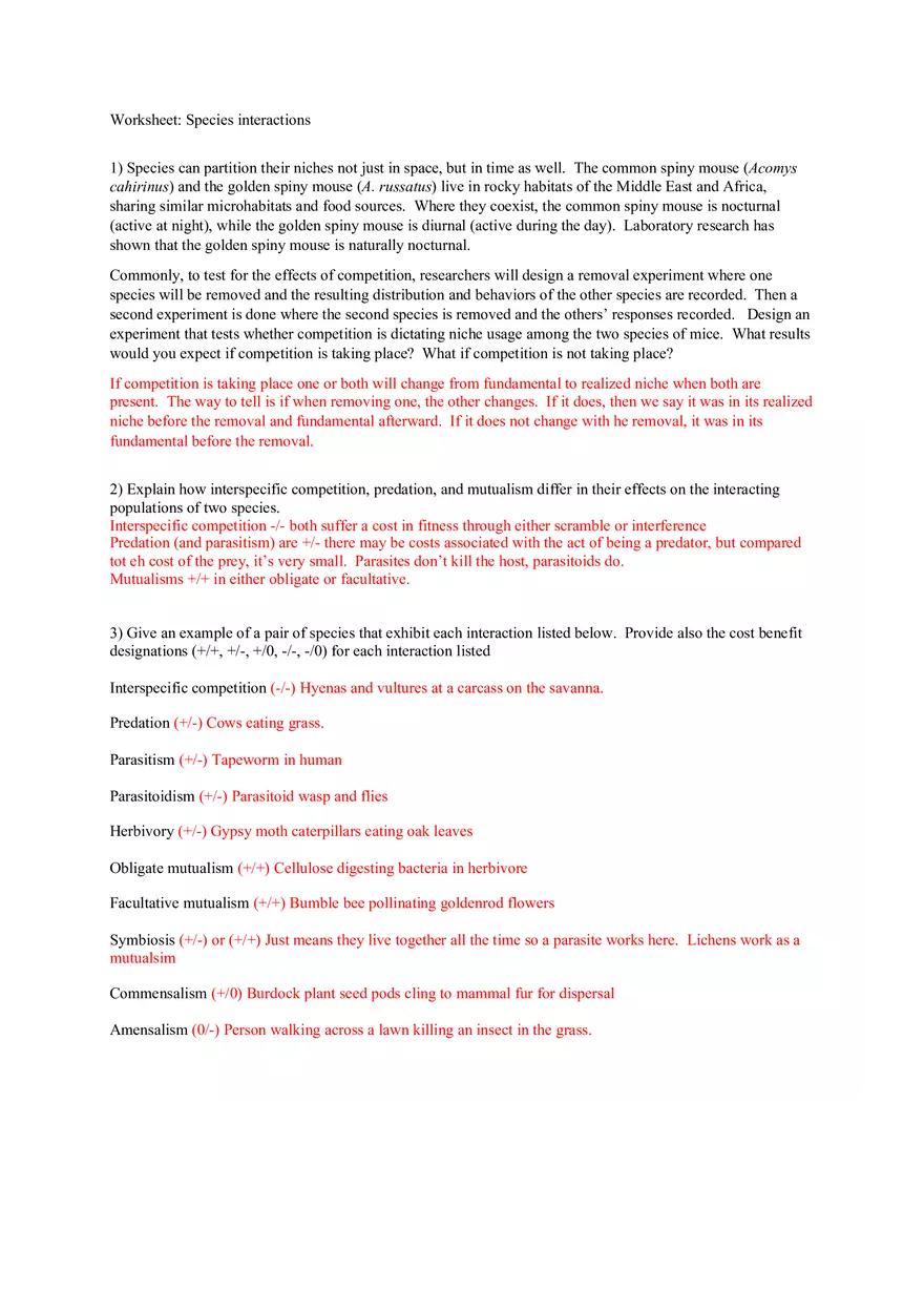 Worksheet - Species Interactions - Page 1