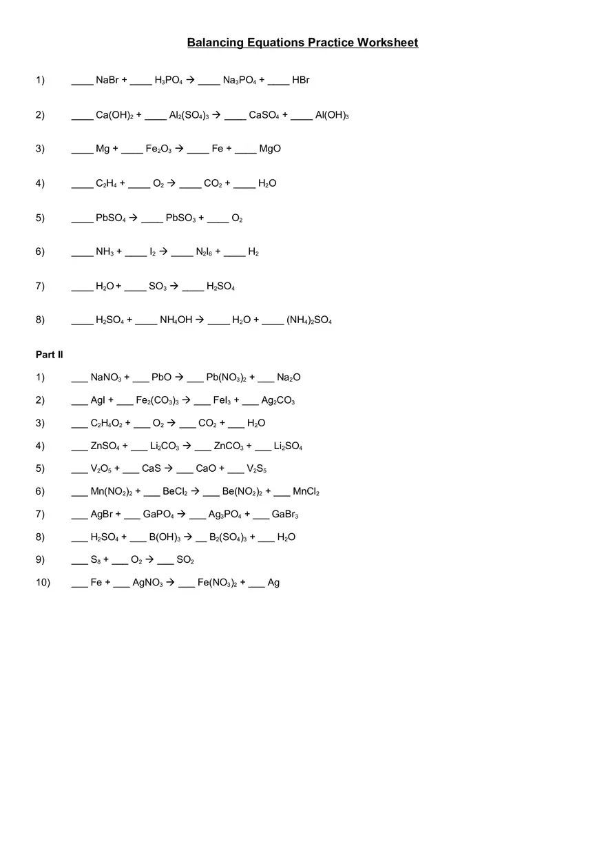 Balancing Chemical Equation Practice - Page 3