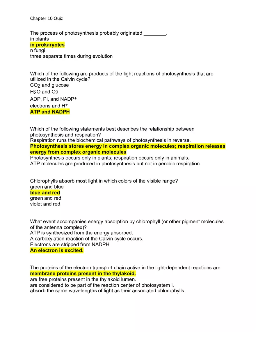 Photosynthesis Chapter 10 Quiz Key - Page 1