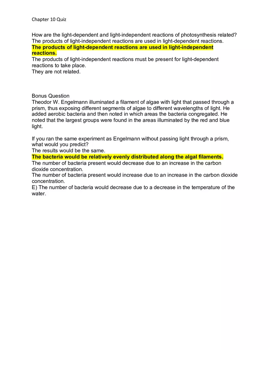 Photosynthesis Chapter 10 Quiz Key - Page 2