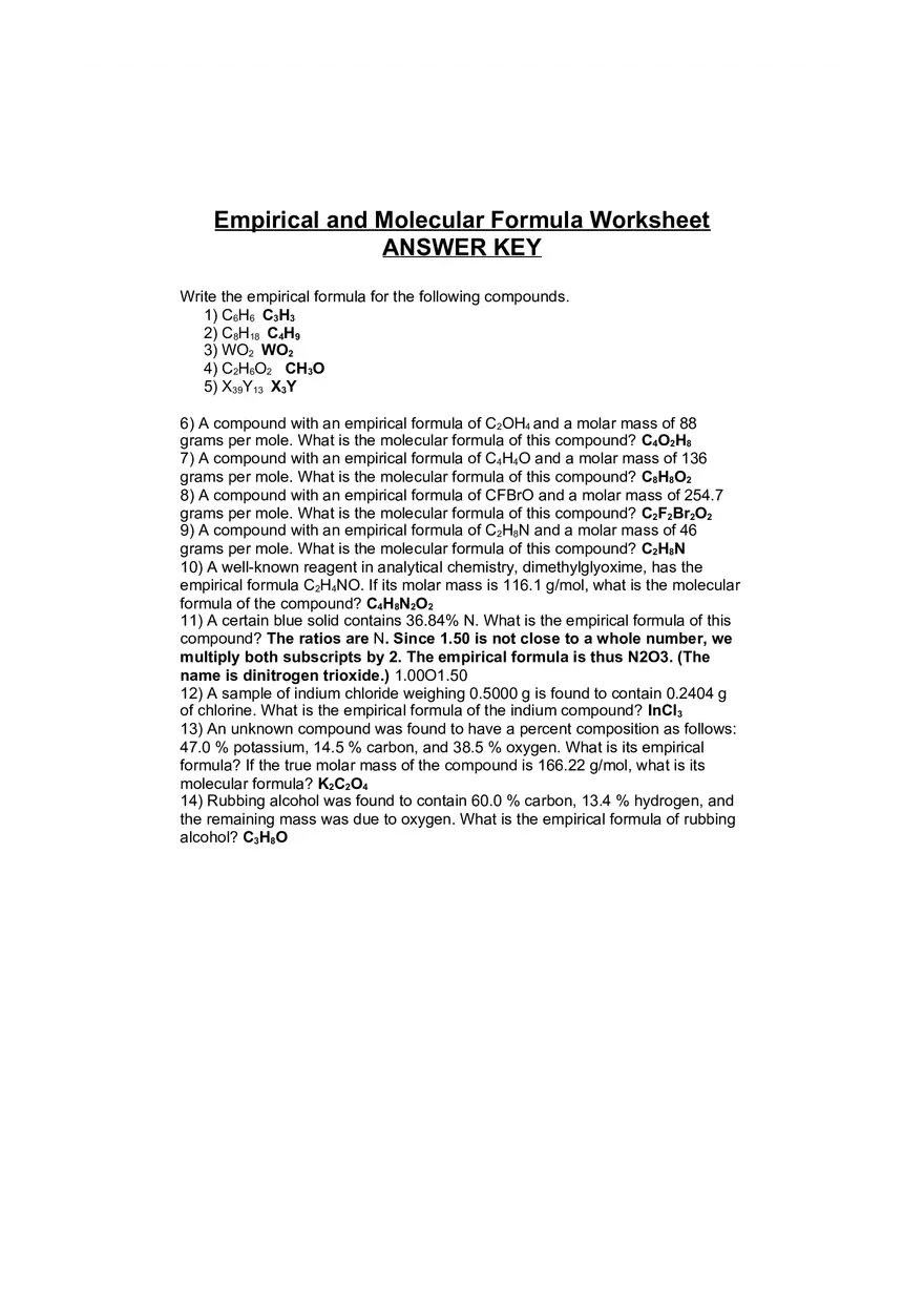 Empirical and Molecular Formula Worksheet + Answer Key - Page 1