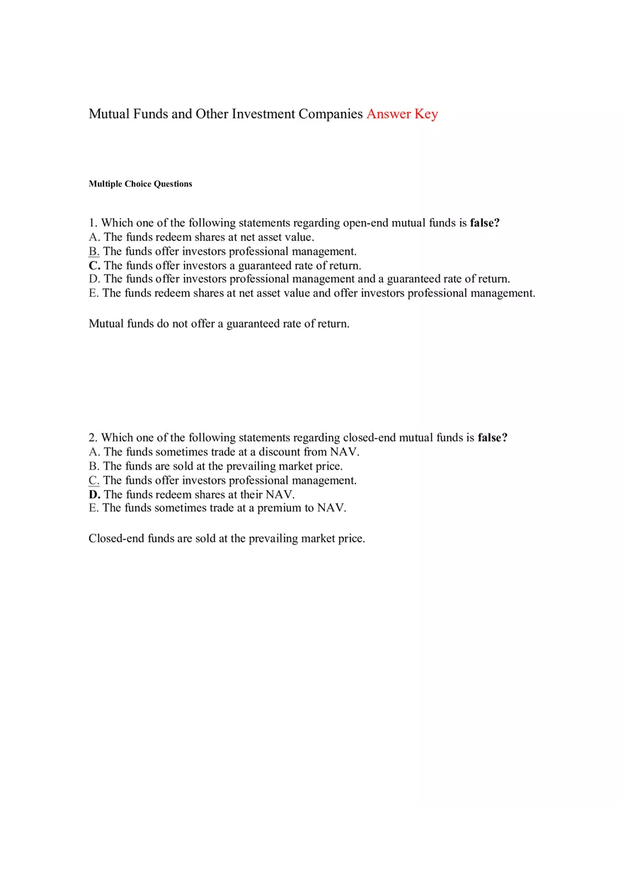 Mutual Funds and Other Investment Companies Answer Key Part 1 - Page 1