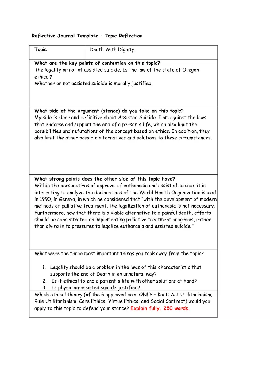 Reflective Journal Template - Death With Dignity - Page 1