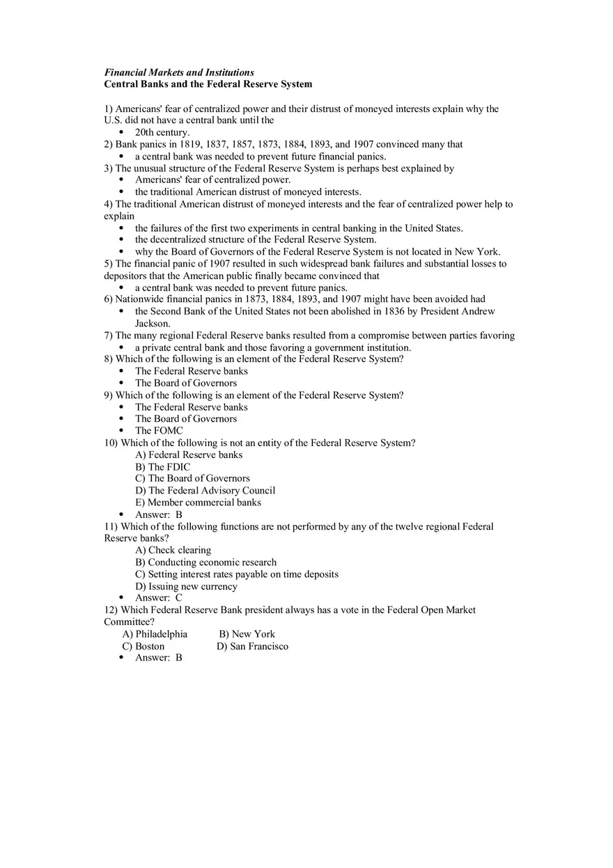 Central Banks and the Federal Reserve System Answers - Page 1