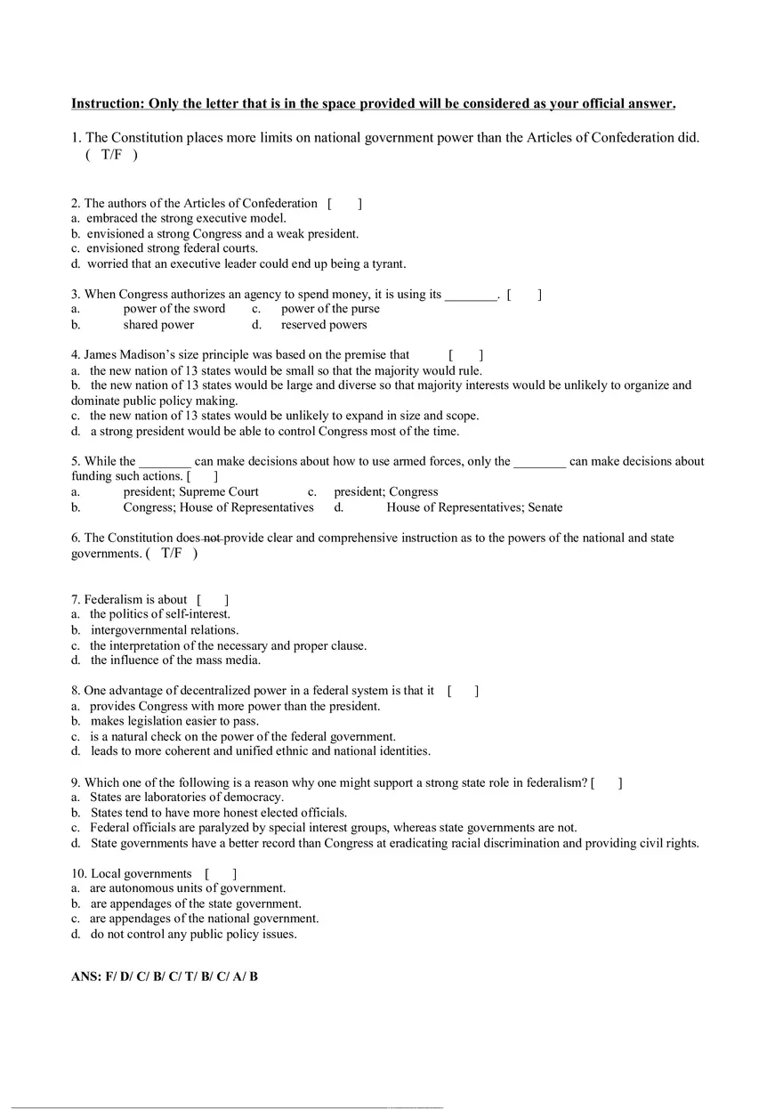 Intro To American Politics 10 Quiz Answers - Page 1