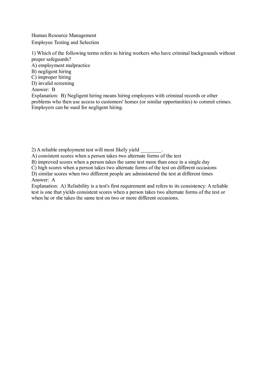 Employee Testing and Selection Test Answer Key Part 1 - Page 1