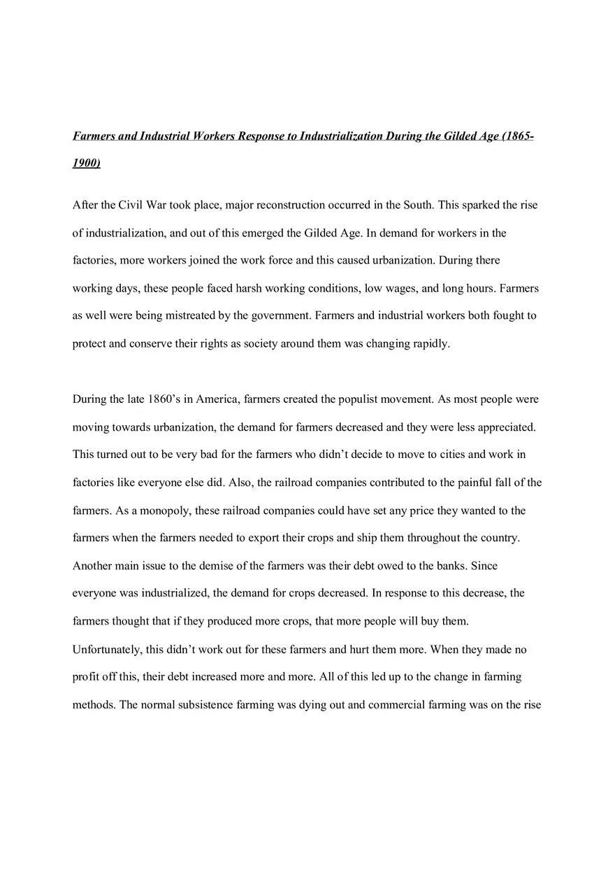 Response of Farmers and Industrial Workers During the Gilded Age Free Response Essay - Page 1