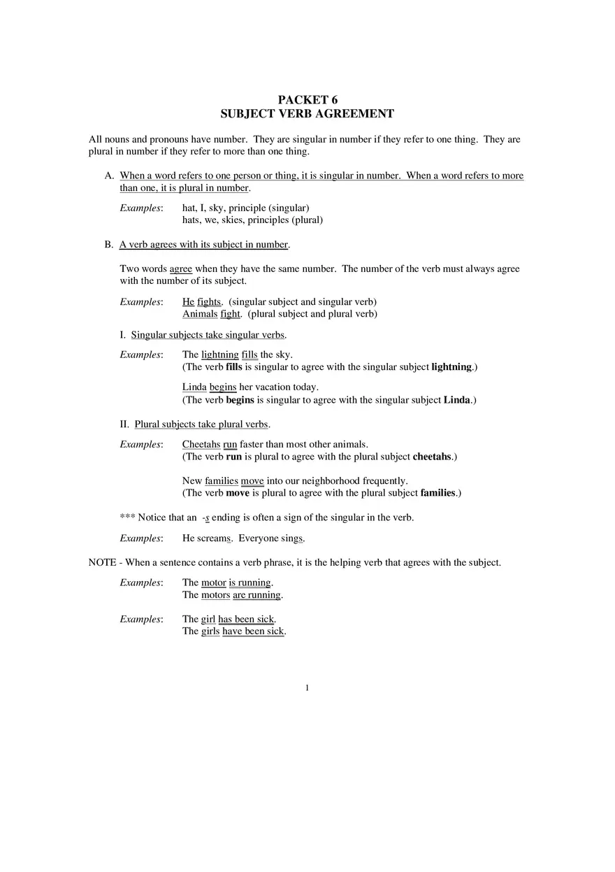 Packet 6 Subject Verb Agreement - Page 1