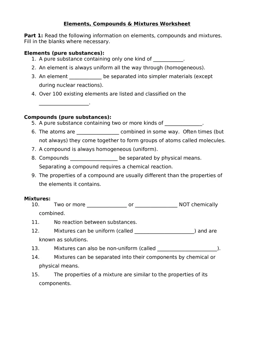 Elements, Compounds and Mixtures Worksheet - Page 1