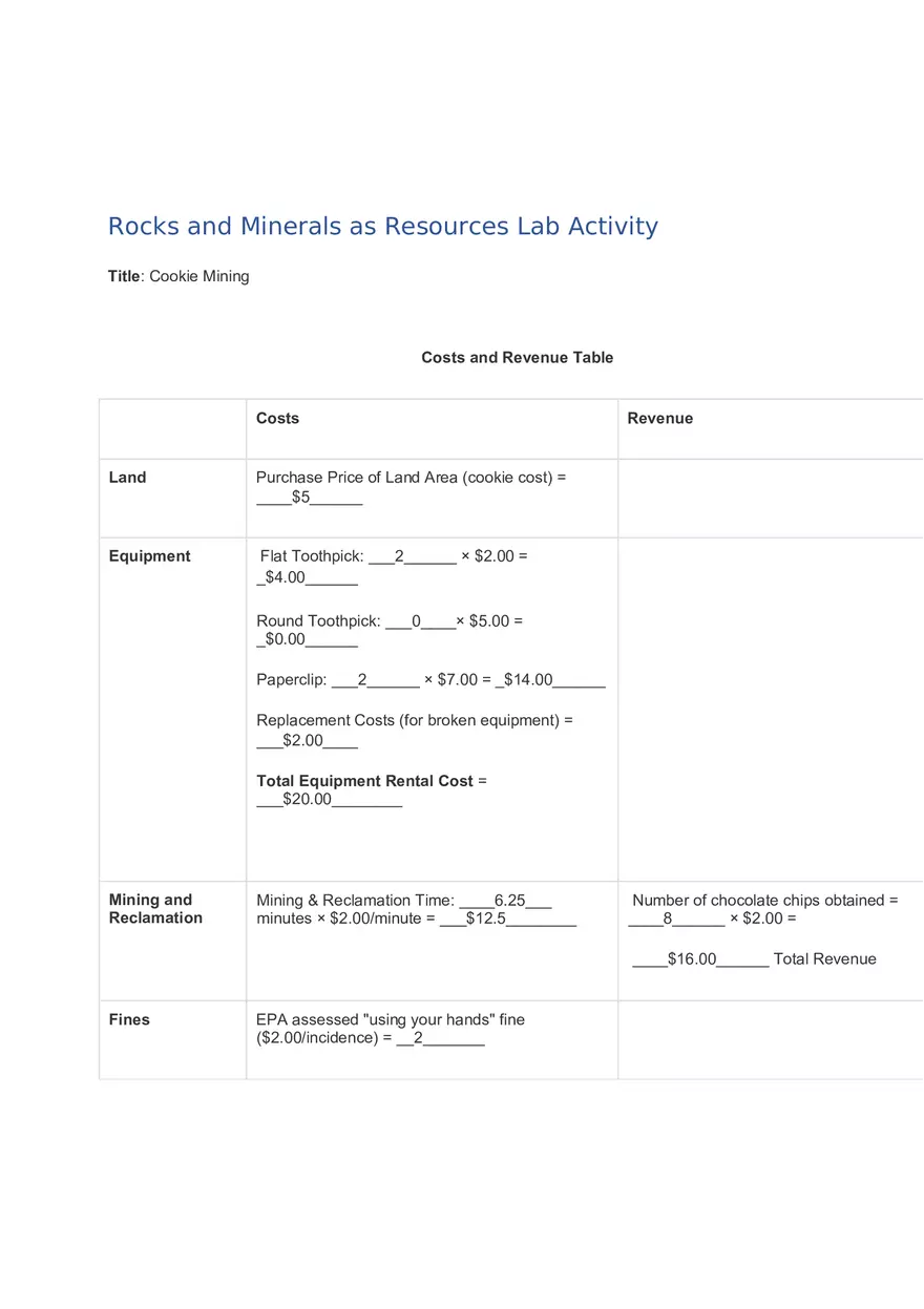Rocks Minerals Resources Lab Activity - Page 1
