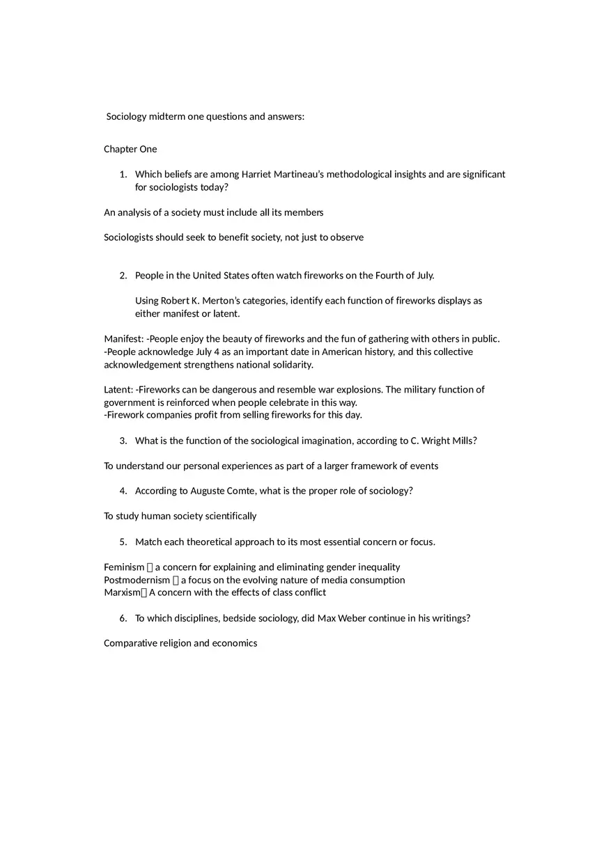 Sociology Midterm One Questions and Answers Part 1 - Page 1