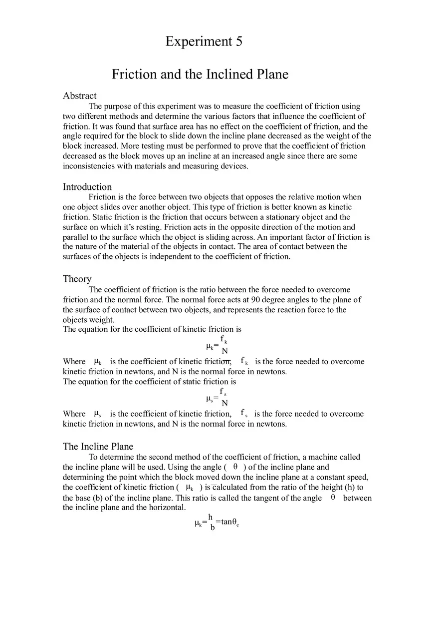 Friction and The Inclined Plane Lab Report - Page 1