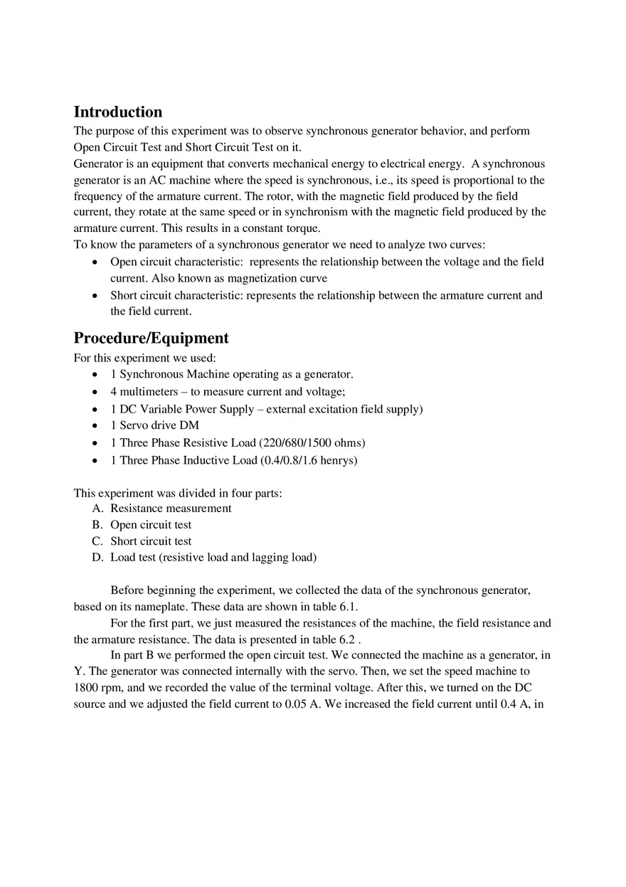 Synchronous Generator Lab Report - Page 1