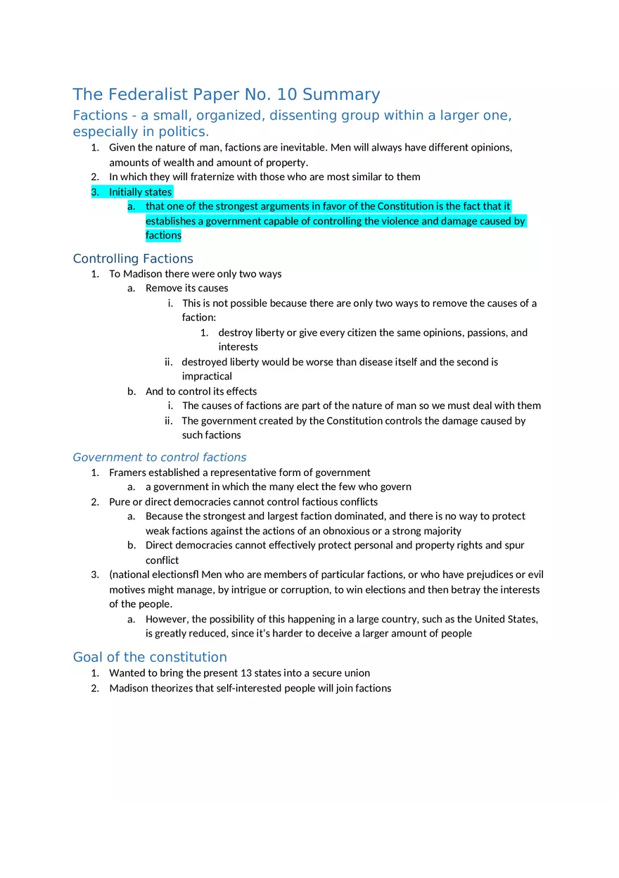 The Federalist Paper No. 10 Summary - Page 1