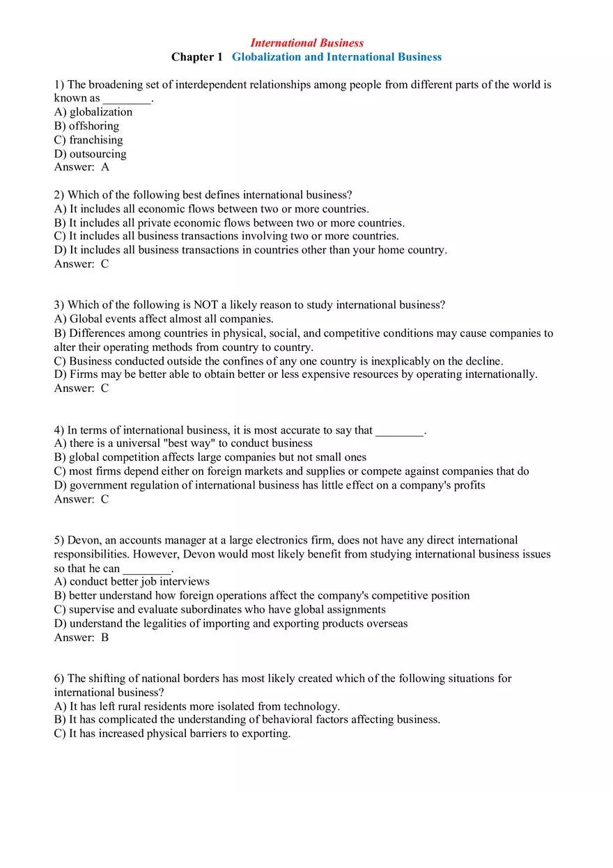 Globalization and International Business Answer Key Part 1 - Page 1