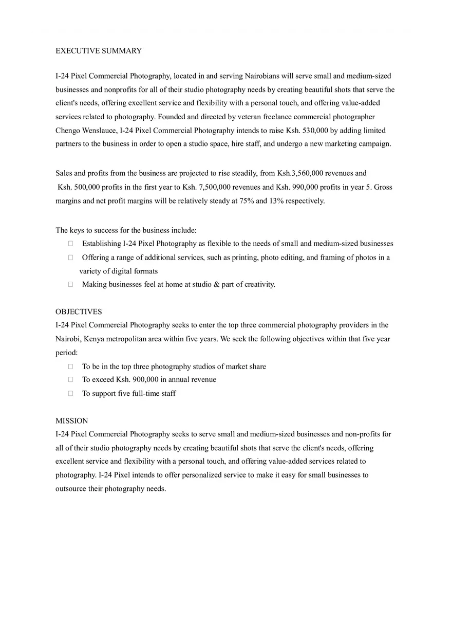 Pixel Commercial Photography Business Plan - Page 1
