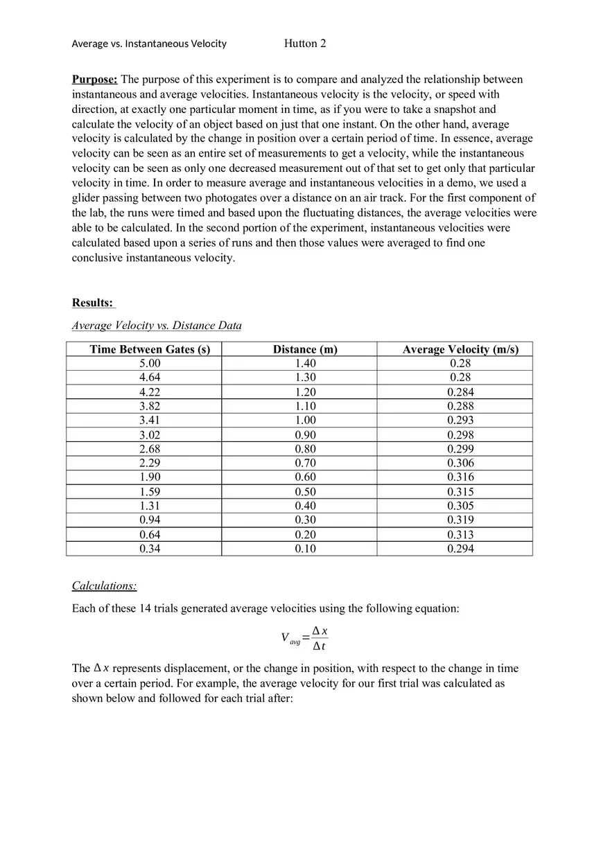 Avg vs. Inst Velocity Lab Report - Page 1
