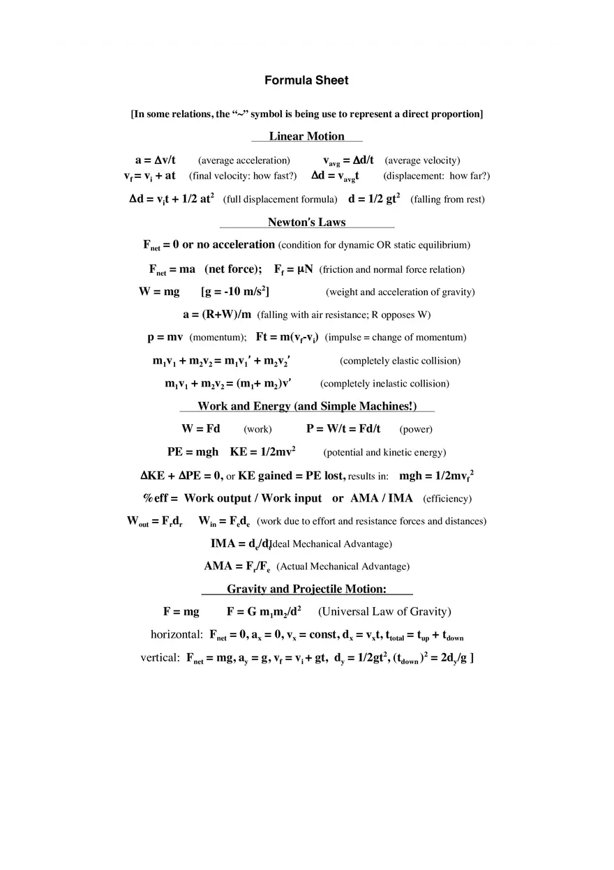 Formula Sheet for Linear Motion - Page 1