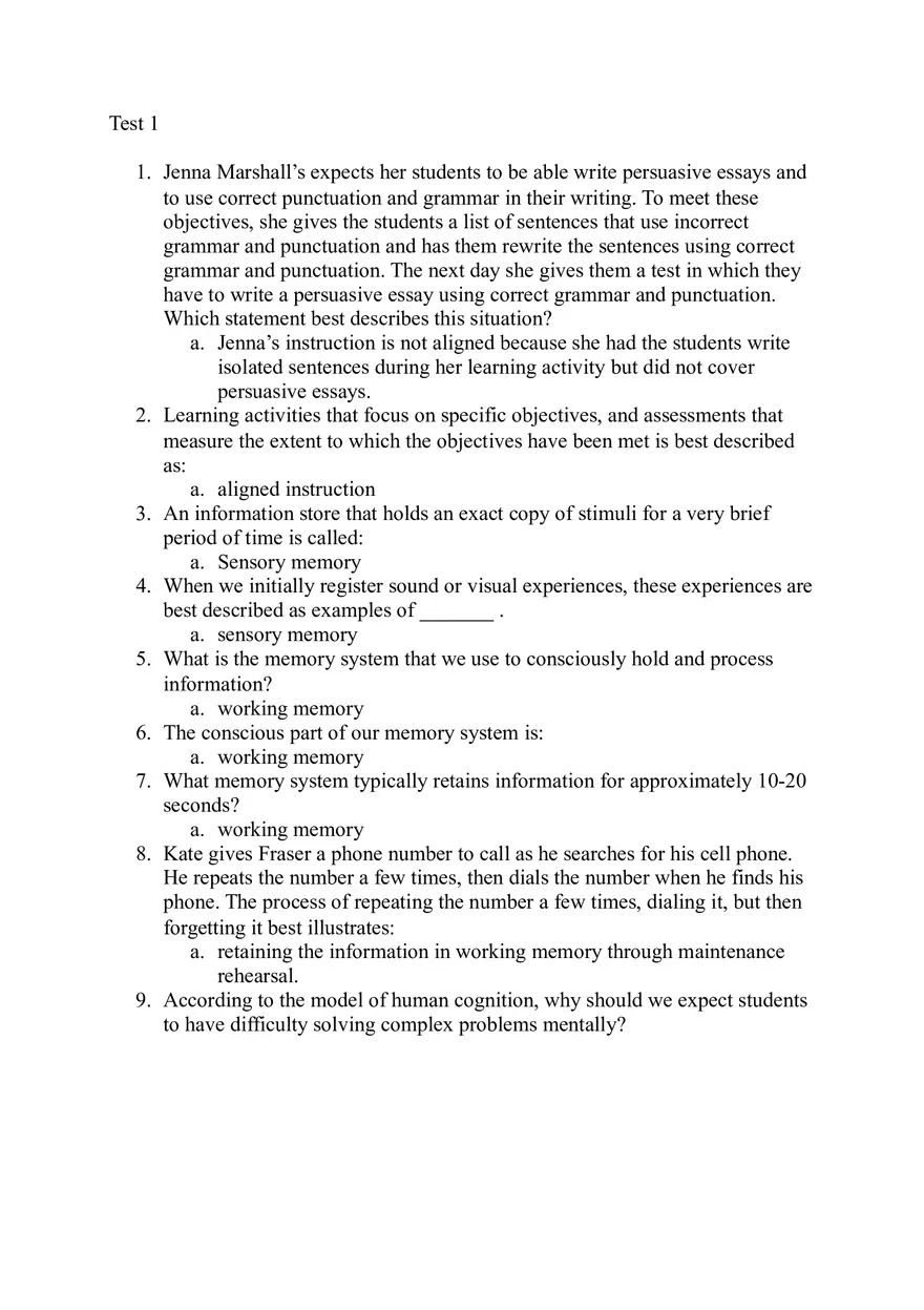 Memory Systems and Aligned Instruction in Learning Study Guide - Page 1