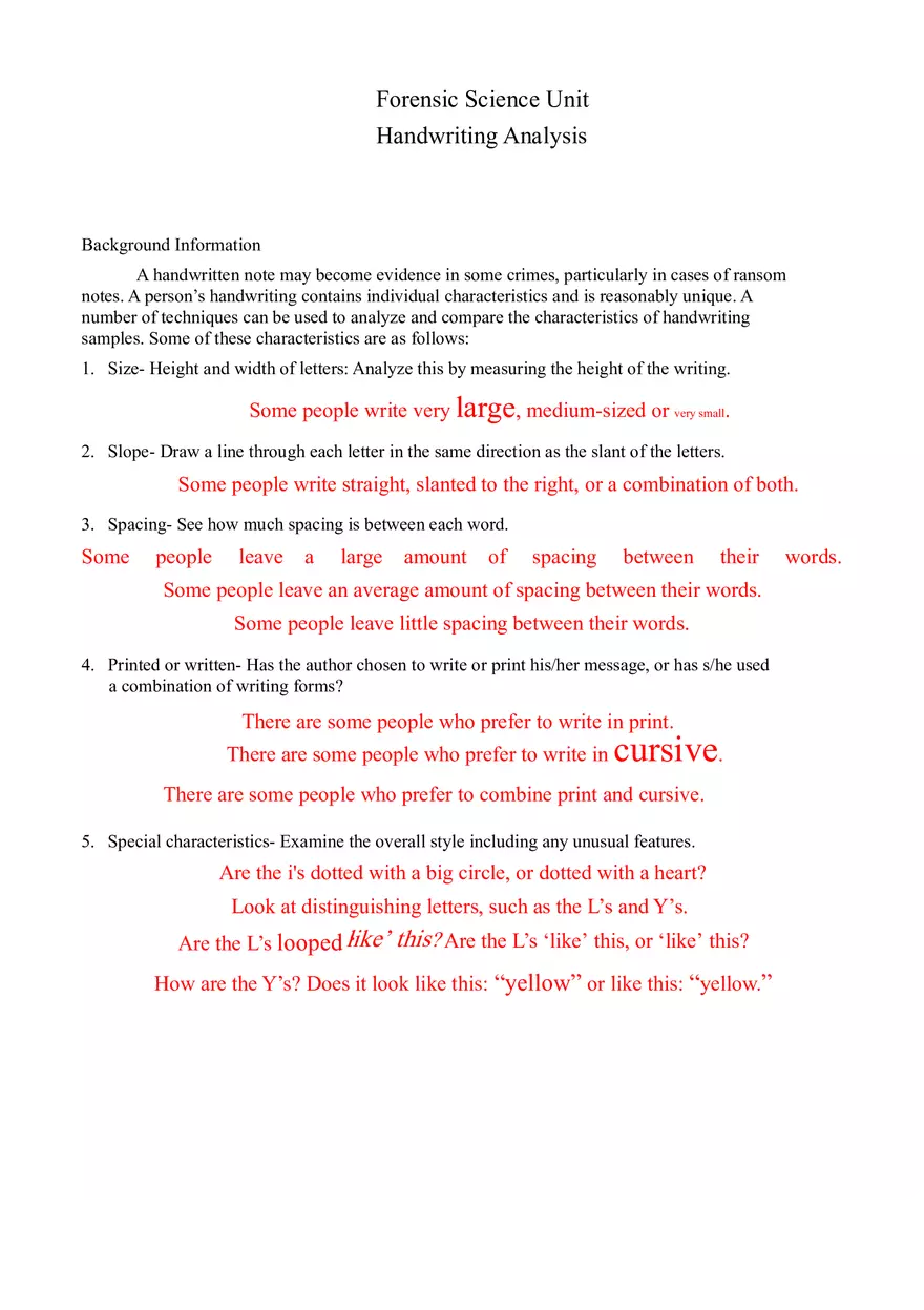 Handwriting Analysis Characteristics - Page 1