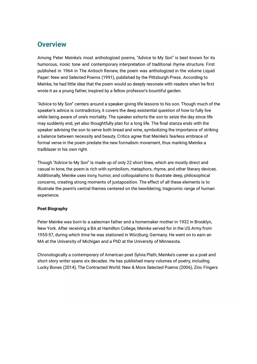 Advice to My Son Summary and Analysis - Page 1