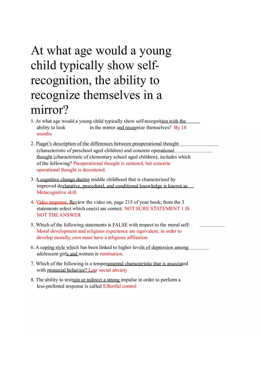 Exam 1 Answers - Cognitive and Moral Development in Childhood - Page 1