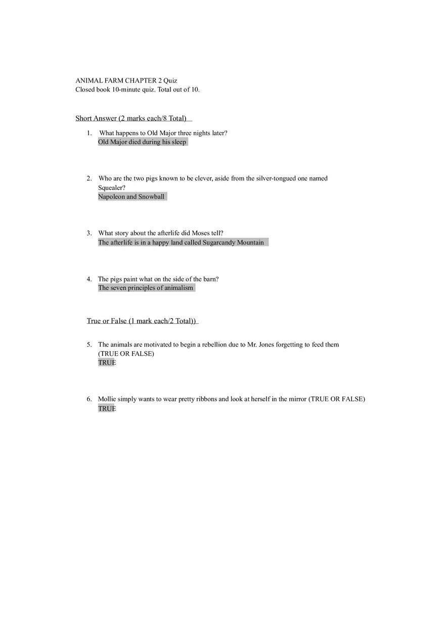 Animal Farm Chapter 2 Quiz - Page 1