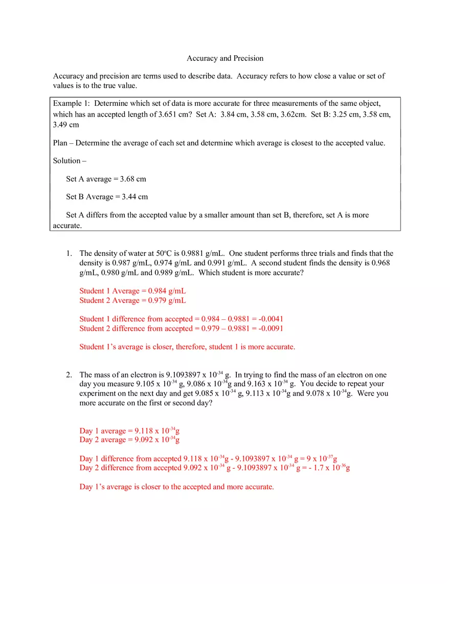 Accuracy and Precision Chapter 1 Exercises Key - Page 1