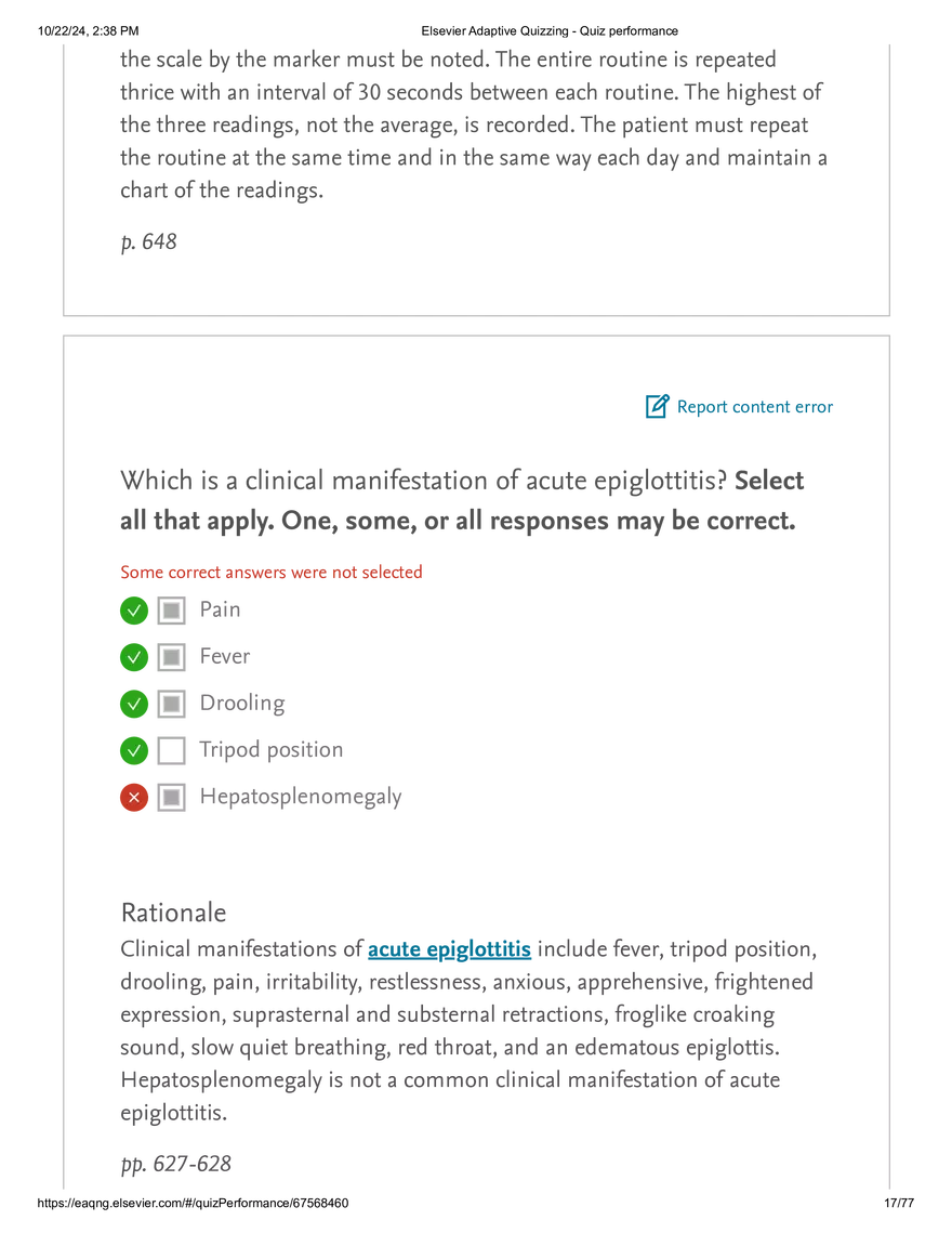 Elsevier Adaptive Quizzing - Quiz performance respiratory - Page 9