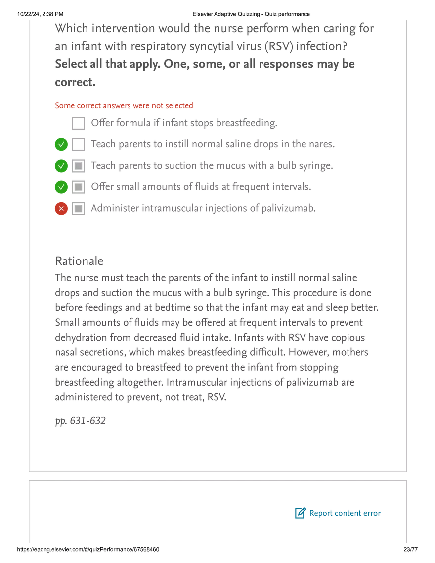 Elsevier Adaptive Quizzing - Quiz performance respiratory - Page 16