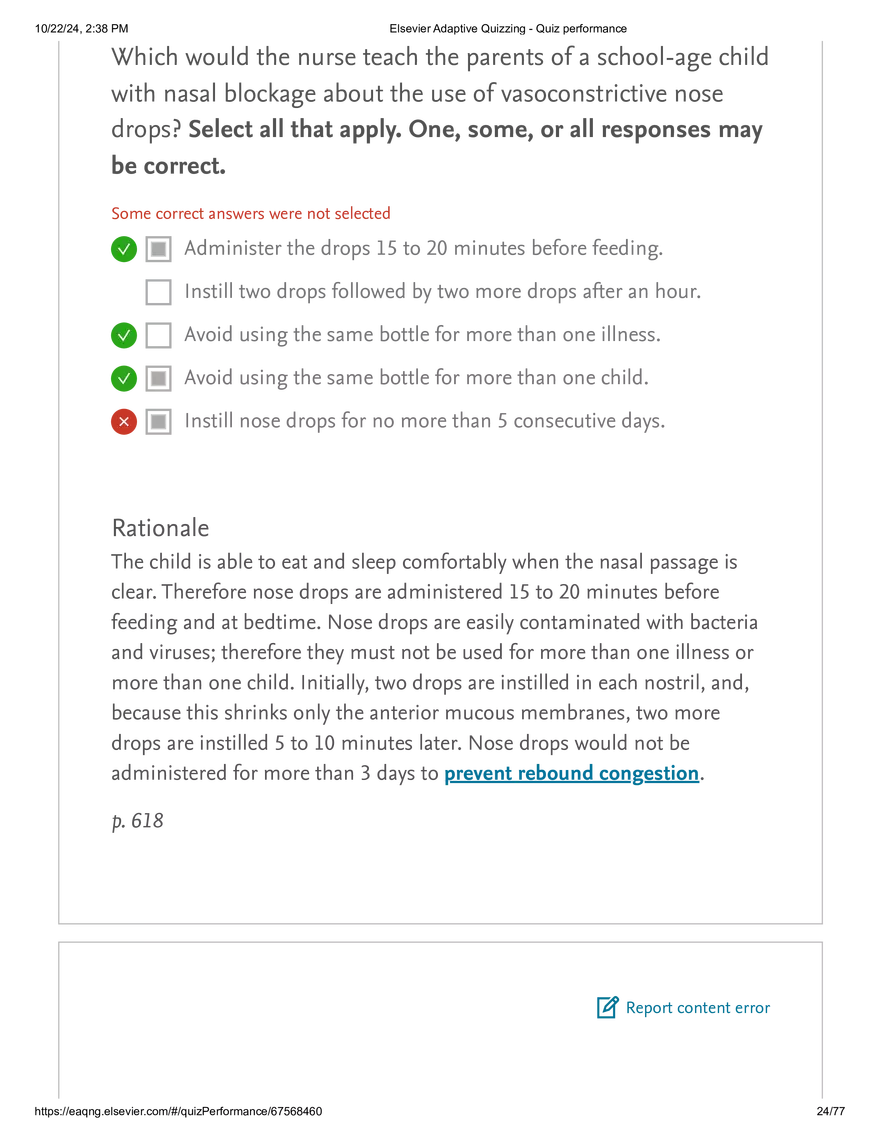 Elsevier Adaptive Quizzing - Quiz performance respiratory - Page 17