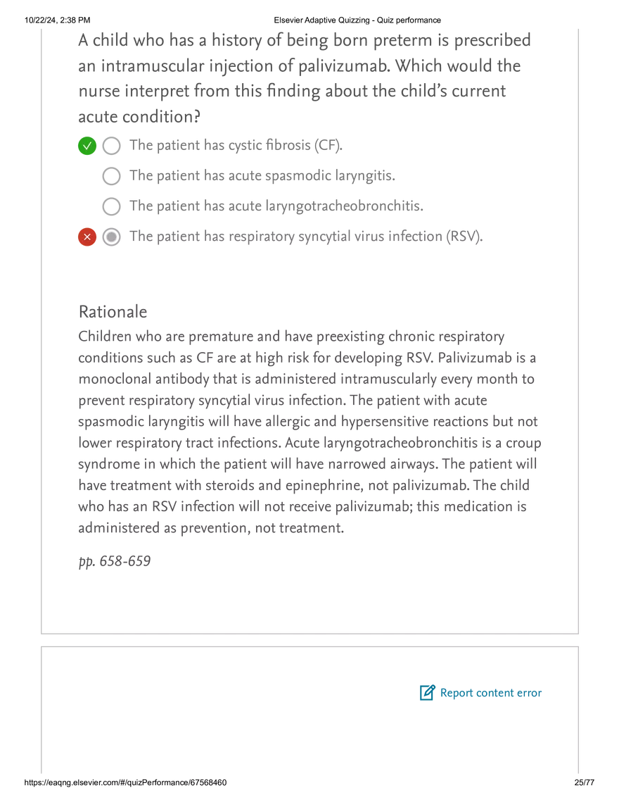 Elsevier Adaptive Quizzing - Quiz performance respiratory - Page 18