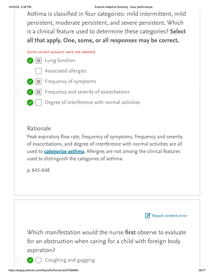 Elsevier Adaptive Quizzing - Quiz performance respiratory - Page 19
