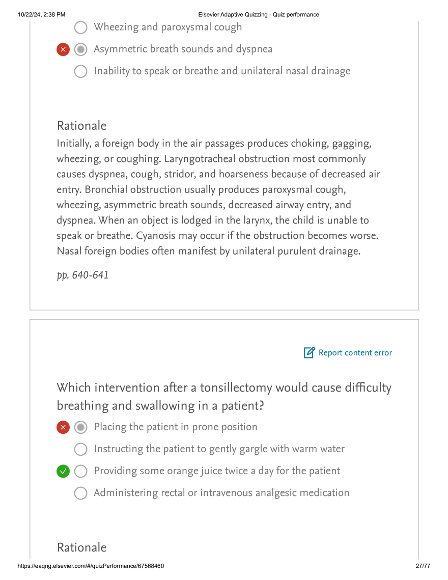 Elsevier Adaptive Quizzing - Quiz performance respiratory - Page 20